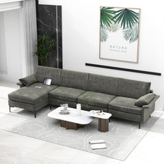 130.5 in L Shaped Sectional in Grey Linen, Reversible Chaise, 2640 lb Capacity and Back Power Strip