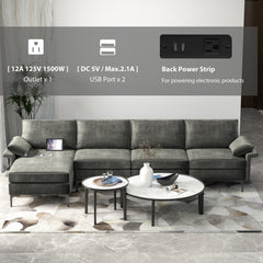 130.5 in L Shaped Sectional in Grey Linen, Reversible Chaise, 2640 lb Capacity and Back Power Strip