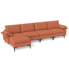 130.5 in L Shaped Sectional in Rust Red Lint Fabric, Reversible Chaise, Outlet and 2 USB Ports