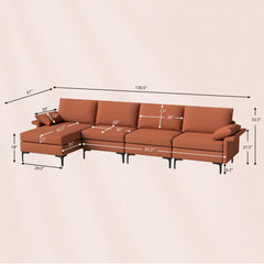 130.5 in L Shaped Sectional in Rust Red Lint Fabric, Reversible Chaise, Outlet and 2 USB Ports