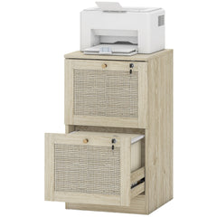 2 Drawer Filing Cabinet with Lock, Boho File Cabinet for A4 Letter Size Files with Decorative Rattan Accents, Oak