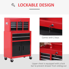 6-Drawer Rolling Tool Chest, 2 in 1 Lockable Storage Cabinet with Hooks, Metal Tool Box for Garage, Workshop, Black
