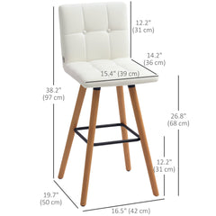 Modern Bar Stools Set of 2, 38" Upholstered Kitchen Island Stool with Solid Wood Legs, Grey