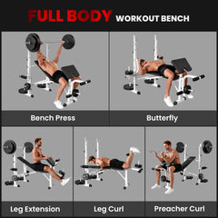 Bench Press Set Adjustable Weight Bench with Squat Rack, Preacher Curl Pad, Leg Developer and Weight Storage, White