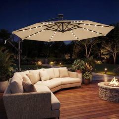 9.7ft Solar LED Cantilever Patio Umbrella with 32 LED Lights, Cross Base, Crank Handle, for Poolside, Deck, Dark Blue