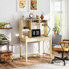 Computer Desk with Hutch, Home Office Table with Storage Shelves and Open Compartments for Writing, Work, Brown