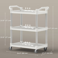 3-Tier Utility Cart Large Rolling Storage Trolley with 3 Shelves Metal Clean Service Cart, Restaurant, Hotel, Livingroom, Silver and Grey