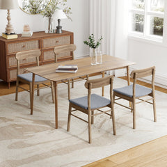 Set of 2 Mid Century Dining Chairs, Weathered Oak Rubber Wood with Blue Grey Fabric Seat