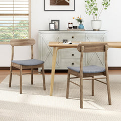 Set of 4 Mid Century Dining Chairs, Weathered Oak Rubber Wood with Blue Grey Fabric Seats