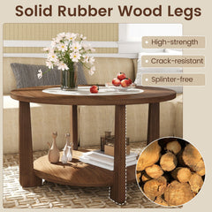 Farmhouse Accent Round Coffee Table with 2-Tone Tabletop and Open Storage Shelf for Living Room-Brown