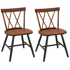 Set of 2 Farmhouse Double Cross Back Dining Chairs, Dark Brown Rubber Wood Seat and Back with Black Legs
