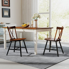 Set of 2 Farmhouse Double Cross Back Dining Chairs, Dark Brown Rubber Wood Seat and Back with Black Legs