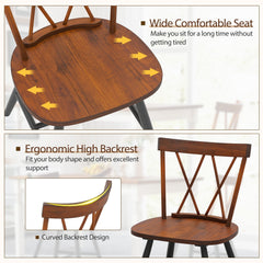 Set of 2 Farmhouse Double Cross Back Dining Chairs, Dark Brown Rubber Wood Seat and Back with Black Legs