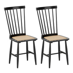 Set of 2 Black Windsor Dining Chairs with Woven PE Rattan Seats, Solid Rubber Wood, 420 lb