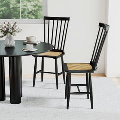 Set of 2 Black Windsor Dining Chairs with Woven PE Rattan Seats, Solid Rubber Wood, 420 lb