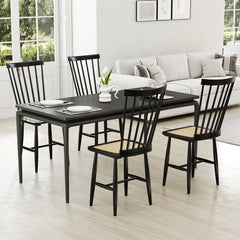 Set of 2 Black Windsor Dining Chairs with Woven PE Rattan Seats, Solid Rubber Wood, 420 lb