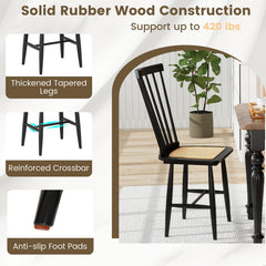 Set of 2 Black Windsor Dining Chairs with Woven PE Rattan Seats, Solid Rubber Wood, 420 lb