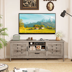 Farmhouse TV Stand for 65 Inch TVs with 2 Woven Accent Doors and 3 Adjustable Shelves-Oak