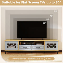 Farmhouse TV Stand for TVs up to 80 Inch with 2 Drawers-Oak and Gray