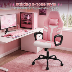 Faux Leather Upholstered Office Chair with Removable Head Pillow and Rocking Function-Pink