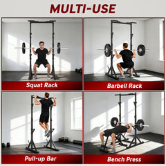 Adjustable Squat Rack, Multi-Function Bench Press Rack with Weight Plate Holders and Pull up Bar, Black
