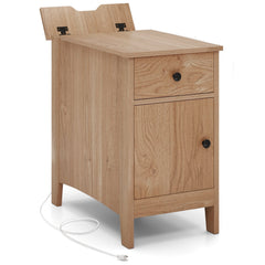 Flip Top End Table with Charging Station, USB Ports and Drawer, Natural