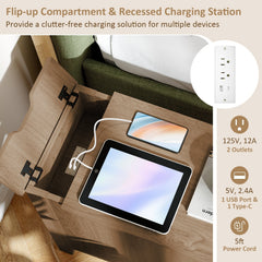 Flip Top End Table with Charging Station, USB Ports and Drawer, Natural