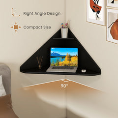 Floating Triangular Corner Computer Desk with Storage Shelf-Black