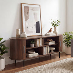 Fluted TV Stand for TVs up to 60 inches Mid Century Curved Entertainment Center-Walnut