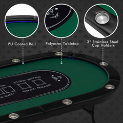 Foldable 10-Player Poker Table with LED Lights and USB Ports Ideal for Texas Casino-Green