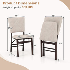 Set of 4 Folding Dining Chairs, Beige Linen Padded Seat and Back with Espresso Rubber Wood Frame