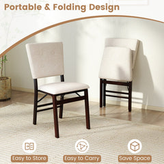 Set of 4 Folding Dining Chairs, Beige Linen Padded Seat and Back with Espresso Rubber Wood Frame