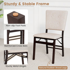 Set of 4 Folding Dining Chairs, Beige Linen Padded Seat and Back with Espresso Rubber Wood Frame