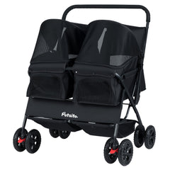 Foldable Double Pet Stroller with Adjustable Sunshade and Storage Basket-Black