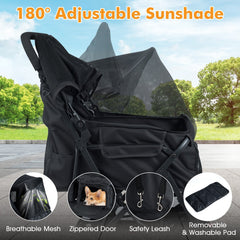 Foldable Double Pet Stroller with Adjustable Sunshade and Storage Basket-Black