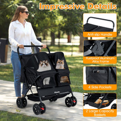 Foldable Double Pet Stroller with Adjustable Sunshade and Storage Basket-Black