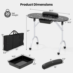 Foldable Portable Manicure Table with Drawer Casters and Cushion-Black