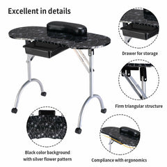 Foldable Portable Manicure Table with Drawer Casters and Cushion-Black