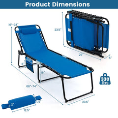 Foldable Recline Lounge Chair with Side Pocket and Detachable Headrest, Blue