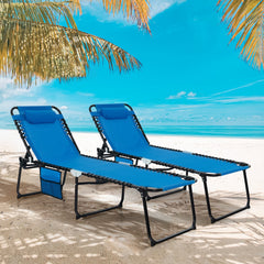 Foldable Recline Lounge Chair with Side Pocket and Detachable Headrest, Blue