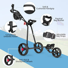 3 Wheel Durable Foldable Steel Golf Cart with Mesh Bag