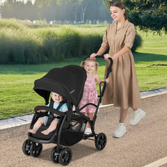 Foldable Twin Tandem Stroller Sit and Stand Double Stroller with Adjustable Handle Bar-Black