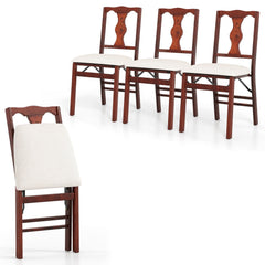 Set of 4 Folding Dining Chairs, Cherry Brown Rubber Wood with Vase Splat Back and Beige Linen Seats