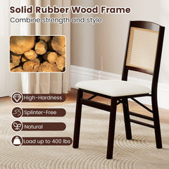 Set of 2 Folding Dining Chairs, Espresso Rubber Wood with Rattan Back and Cream Linen Seat
