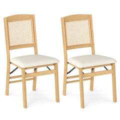 Set of 2 Folding Dining Chairs, Natural Rubber Wood with Rattan Back and Cream Linen Seat