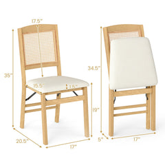 Set of 2 Folding Dining Chairs, Natural Rubber Wood with Rattan Back and Cream Linen Seat