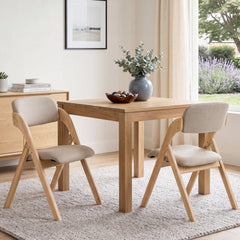 Set of 2 Folding Dining Armchairs, Natural Rubber Wood with Beige Linen Padded Seat and Back