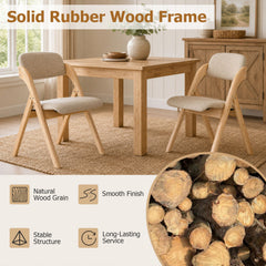 Set of 2 Folding Dining Armchairs, Natural Rubber Wood with Beige Linen Padded Seat and Back