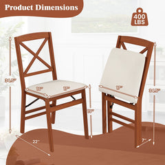 Set of 2 Folding X Back Dining Chairs, Walnut Rubber Wood with Cream Linen Padded Seat
