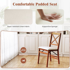 Set of 2 Folding X Back Dining Chairs, Walnut Rubber Wood with Cream Linen Padded Seat